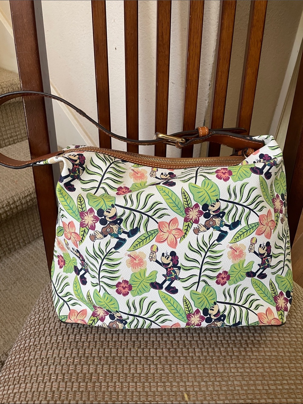 Dooney & Bourke White Canvas Tropical Floral Mickey Shoulder Bag with Tan Trim - Picture 2 of 7